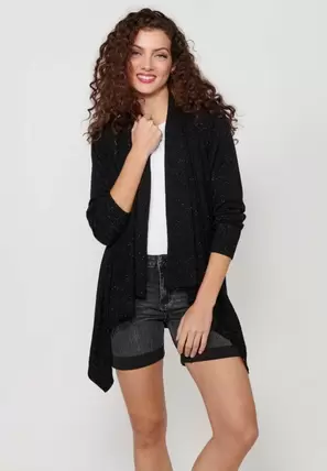 Chaqueta tricot de manga larga con acabado asimétrico. tricot jaspeado de color negro para mujer | Moda Actual
