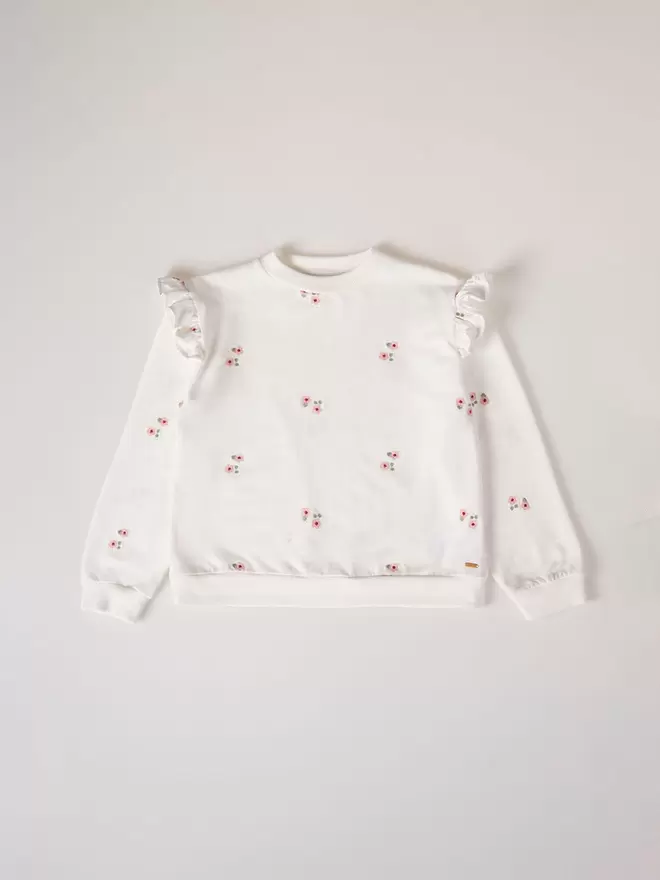 SUDADERA BORDADO FLOR VOLANTES MANGA BEIGE