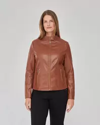 CAZADORA EFECTO PIEL CUELLO MAO MARRÓN