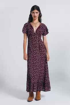 Vestido midi manga volante estampado