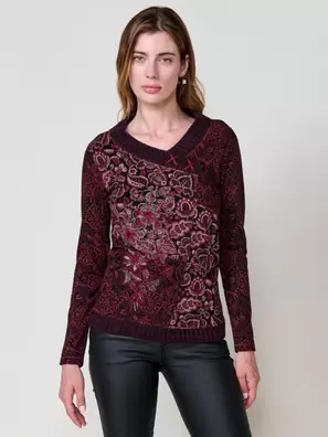 Camiseta granate mujer algodón manga larga con bordado floral y cuello cruzado