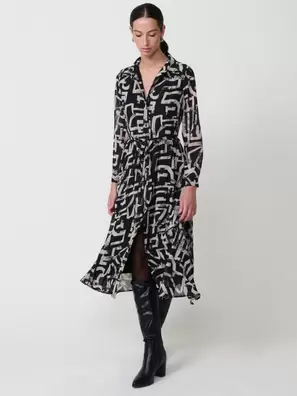Vestido midi camisero para mujer en chifón con estampado abstracto, cierre de botones, cinturón a juego y manga larga con puño.