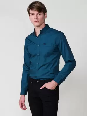 Camisa de Hombre Azul de Manga Larga con Bolsillo delantero de Algodón