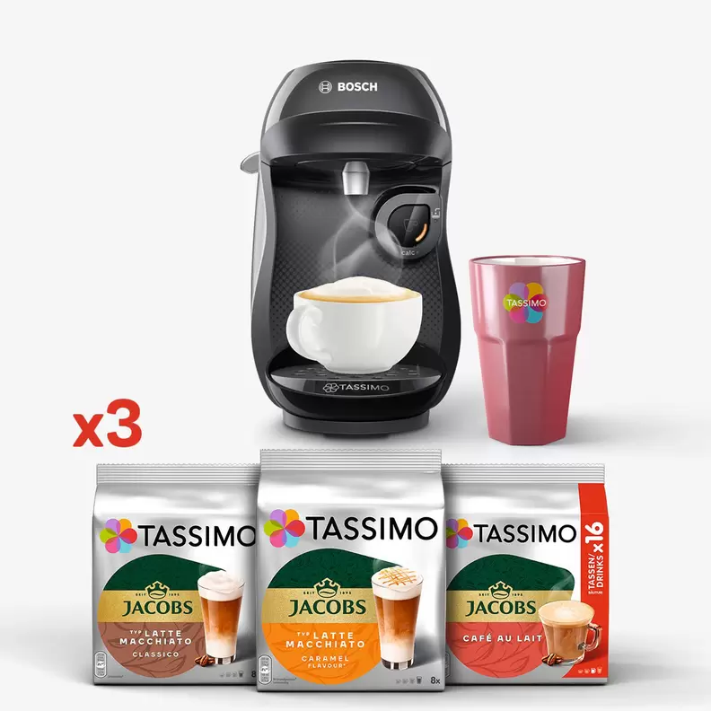 Tassimo Bosch Happy czarny i3 opakowania kapsułek+ kubek GRATIS