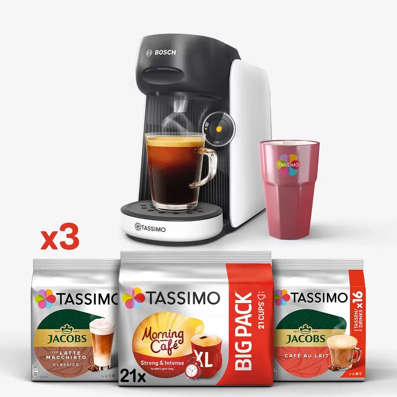 Tassimo Bosch Finesse biały i 3 opakowania kapsułek + kubek GRATIS