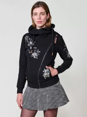 Women’s open hoodie with double-face fabric, polar lining, diagonal zip with black Koröshi puller and floral embroidery on front and sleeve.