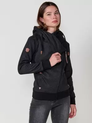 Women’s open hoodie with double-face fabric, printed fleece exterior, polar lining, diagonal zip with black Koröshi faux leather puller.