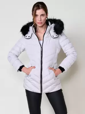 Women’s light grey padded jacket with high neck, faux fur lining, detachable hood and removable faux fur details.