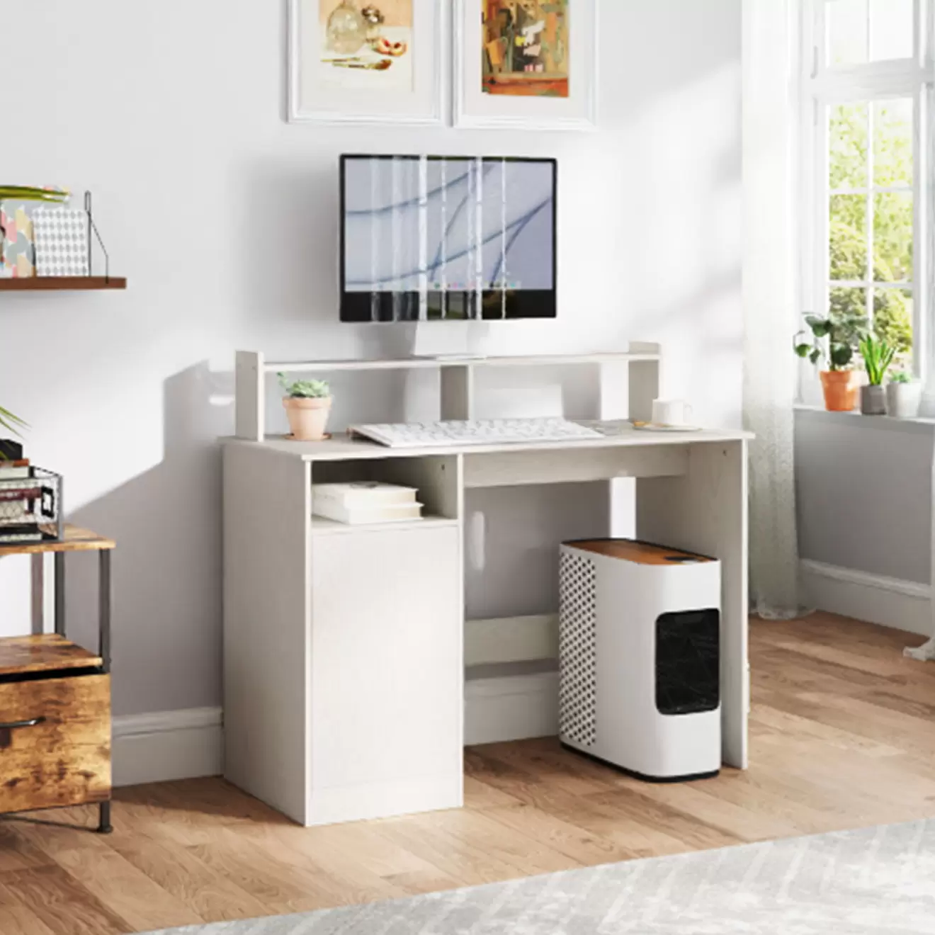 Escritorio Celeste Homcom soporte para monitor + armario 94x108x50 cm