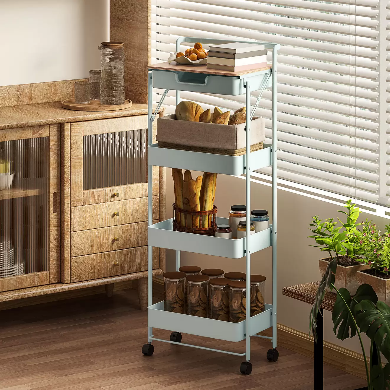 Carrito auxiliar Thila Homcom 3 estantes con cajón 117,5x45x29,5 cm