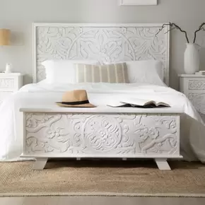 Indira baúl con almacenaje blanco de madera maciza tallada de mango