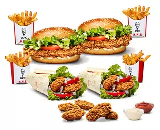 2 Burger La Clásica + 2 Wraps + 5 Tiras + 5 Alitas Picantes + 4 Patatas Pequeñas