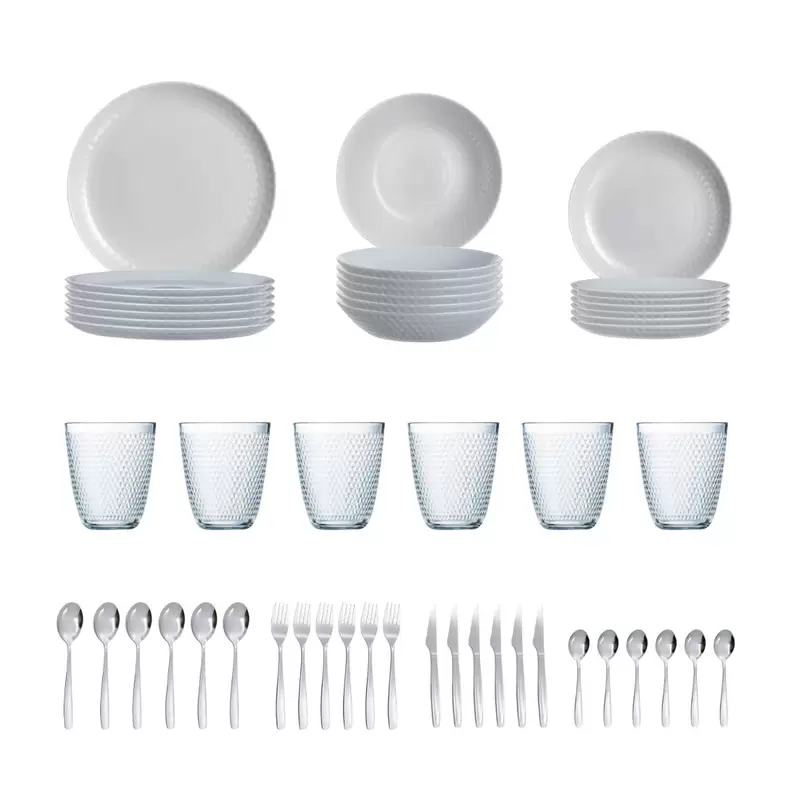 Vajilla gris Luminarc opal con vasos y cubertería para 6 personas