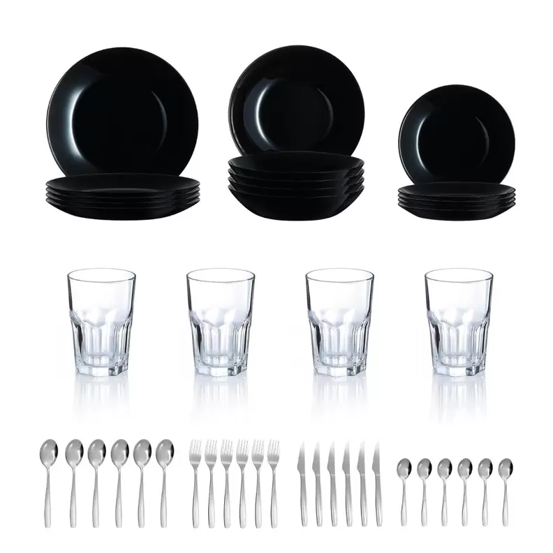 Vajilla negra Arcopal vidrio con vasos y cubertería para 6 personas