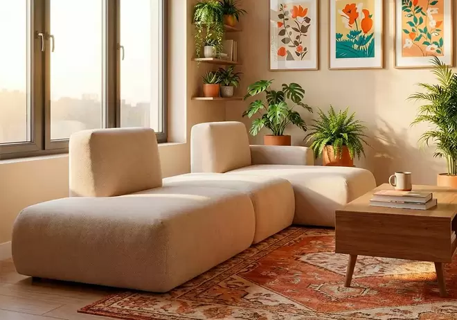 Sofá modular terminal con chaiselongue y puf TINA