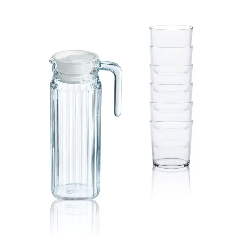 Jarra 1,1L con tapa y 6 vasos 36cl Luminarc vidrio – Estilo y Capacidad