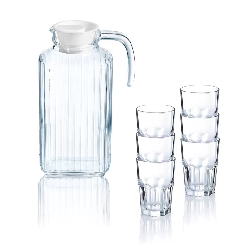 Jarra 1,7L con tapa y 6 vasos 30cl Luminarc vidrio – Ideal para el Día a Día