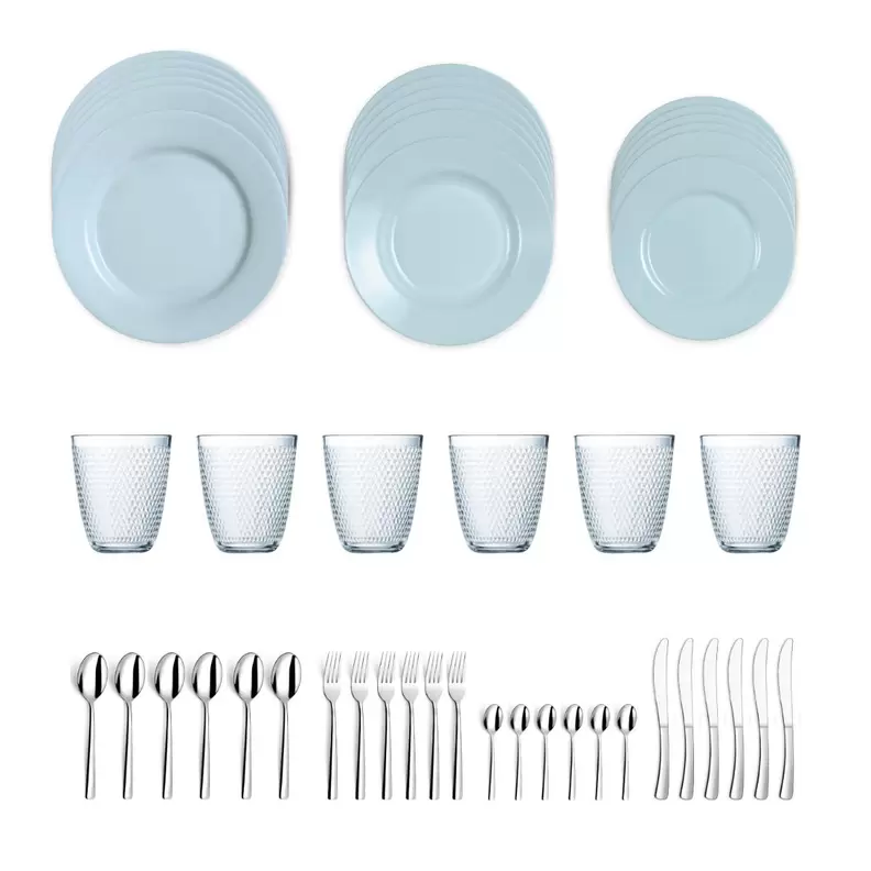 Vajilla azul Luminarc opal con vasos y cubertería para 6 personas