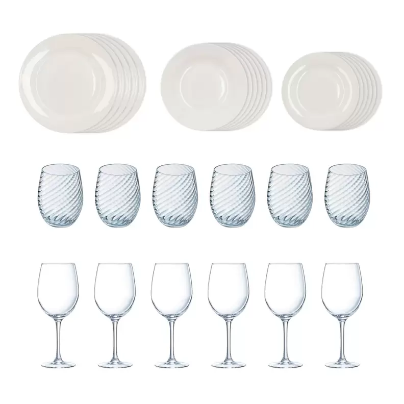 Vajilla blanca Bidasoa porcelana con vasos y copas 6 personas