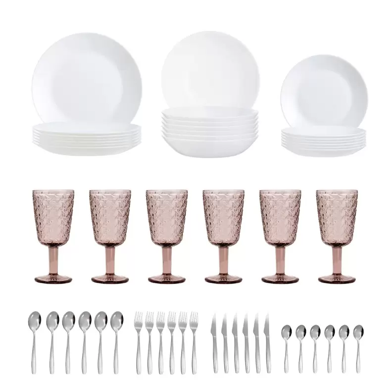 Vajilla blanca Luminarc opal con copas y cubertería para 6 personas