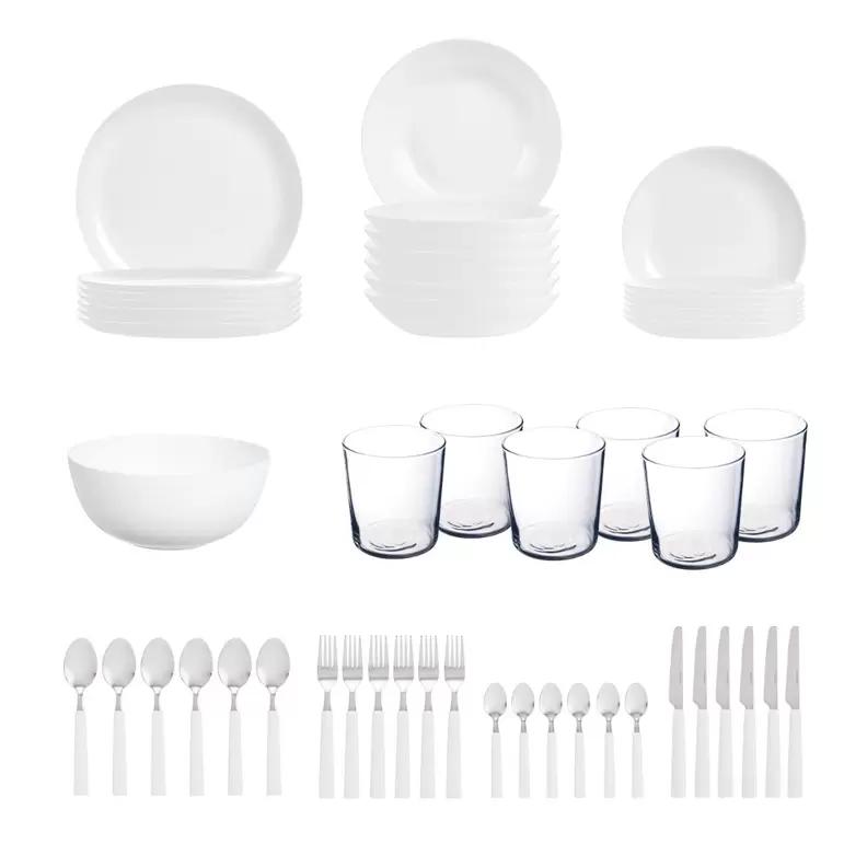 Vajilla blanca Luminarc opal con vasos y cubertería para 6 personas