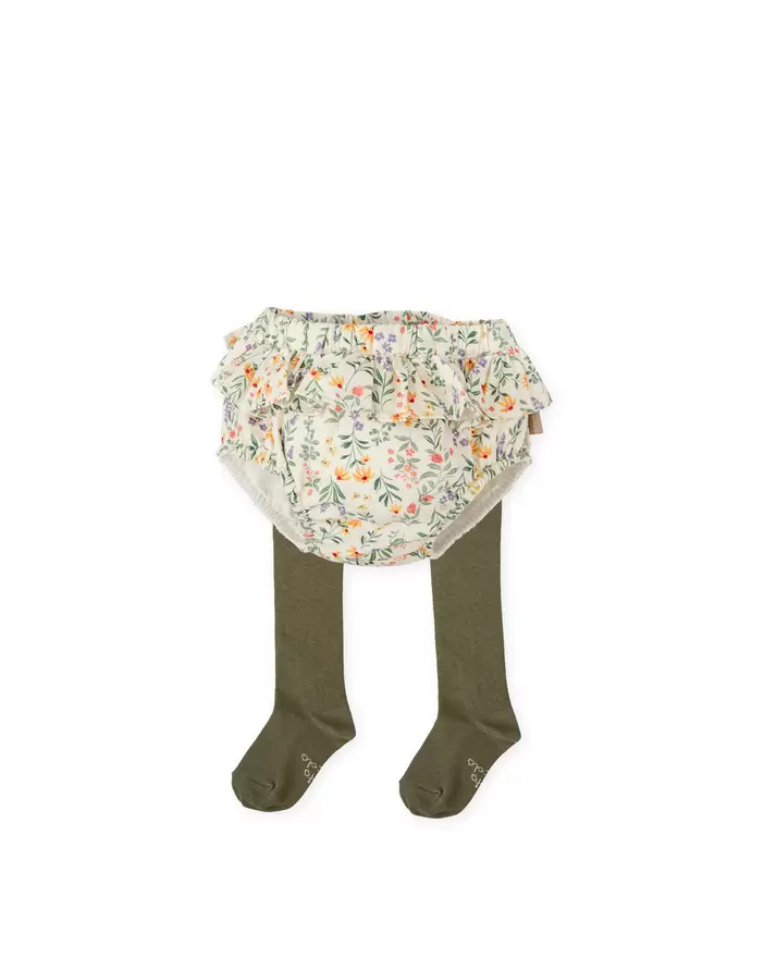 PANTALON BOMBACHO MOSTAZA FLORES CON LEOTARDOS BEBÉ