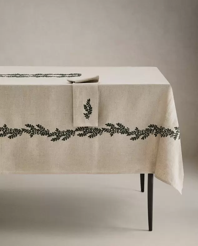 MANTEL LINO HOJAS VERDES NAVIDAD