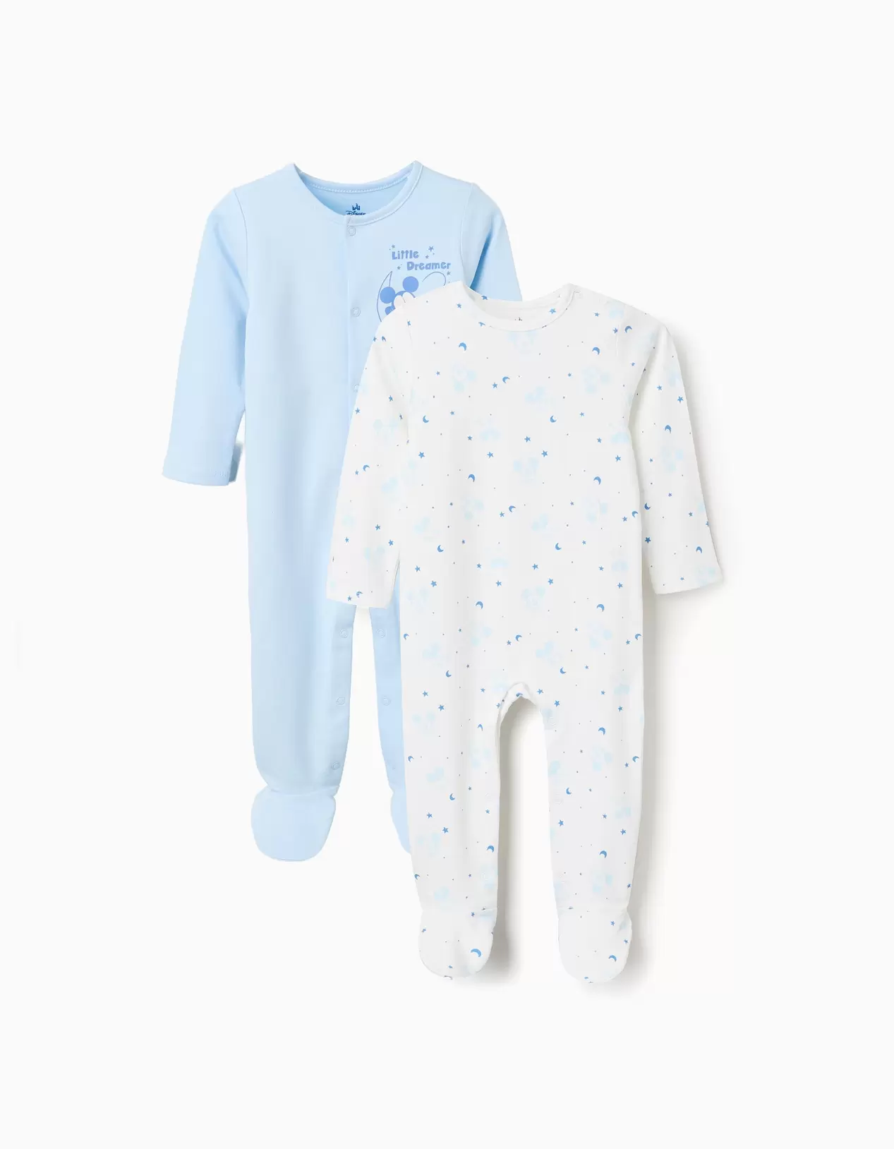2 cotton babygrows with Mickey for newborn and baby boys, blue/white