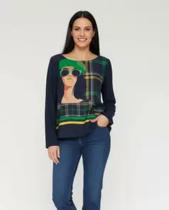 Camiseta Bimateria Estampado Chica Con Cuadros Azul Marino