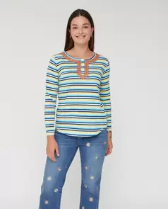 Camiseta Rayas Bordado En Cuello Azul