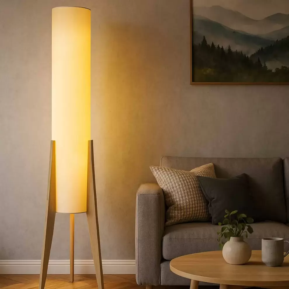 LÁMPARA DE PIE EN MADERA Y TELA 2 LUCES E27 Ø36CM HAGEN