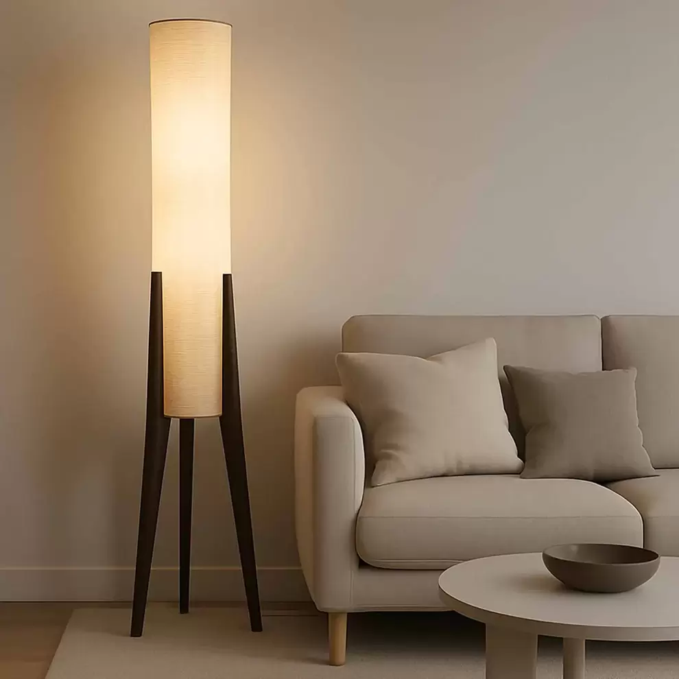 LÁMPARA DE PIE EN MADERA CAOBA Y TELA 2 LUCES E27 Ø36CM HAGEN