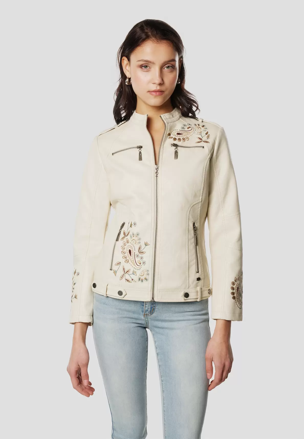 Embroidered leather effect women's jacket