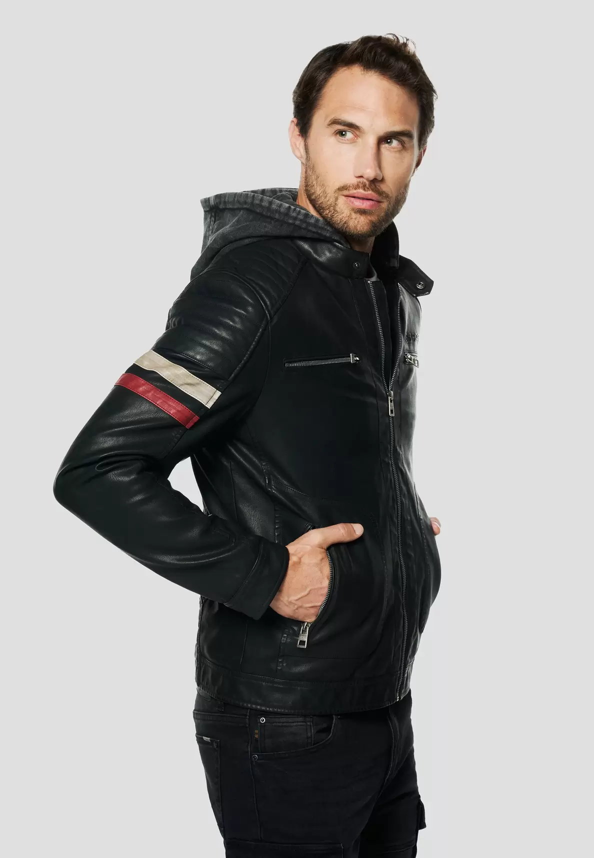 Men's light short leather effect biker jacket