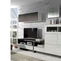 Composición de muebles de salón con bodeguero en roble glacial piedra