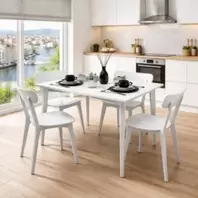 Conjunto de mesa y 4 sillas CODY blanco estilo nórdico. Mesa rectangular...