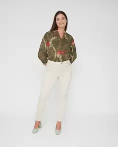 Pantalón Lavado Cinco Bolsillos Bordado Al Tono Beige