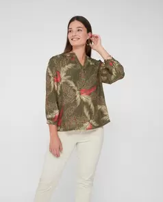 Blusa Estampada Hilo Metalizado Manga 3/4 Caqui