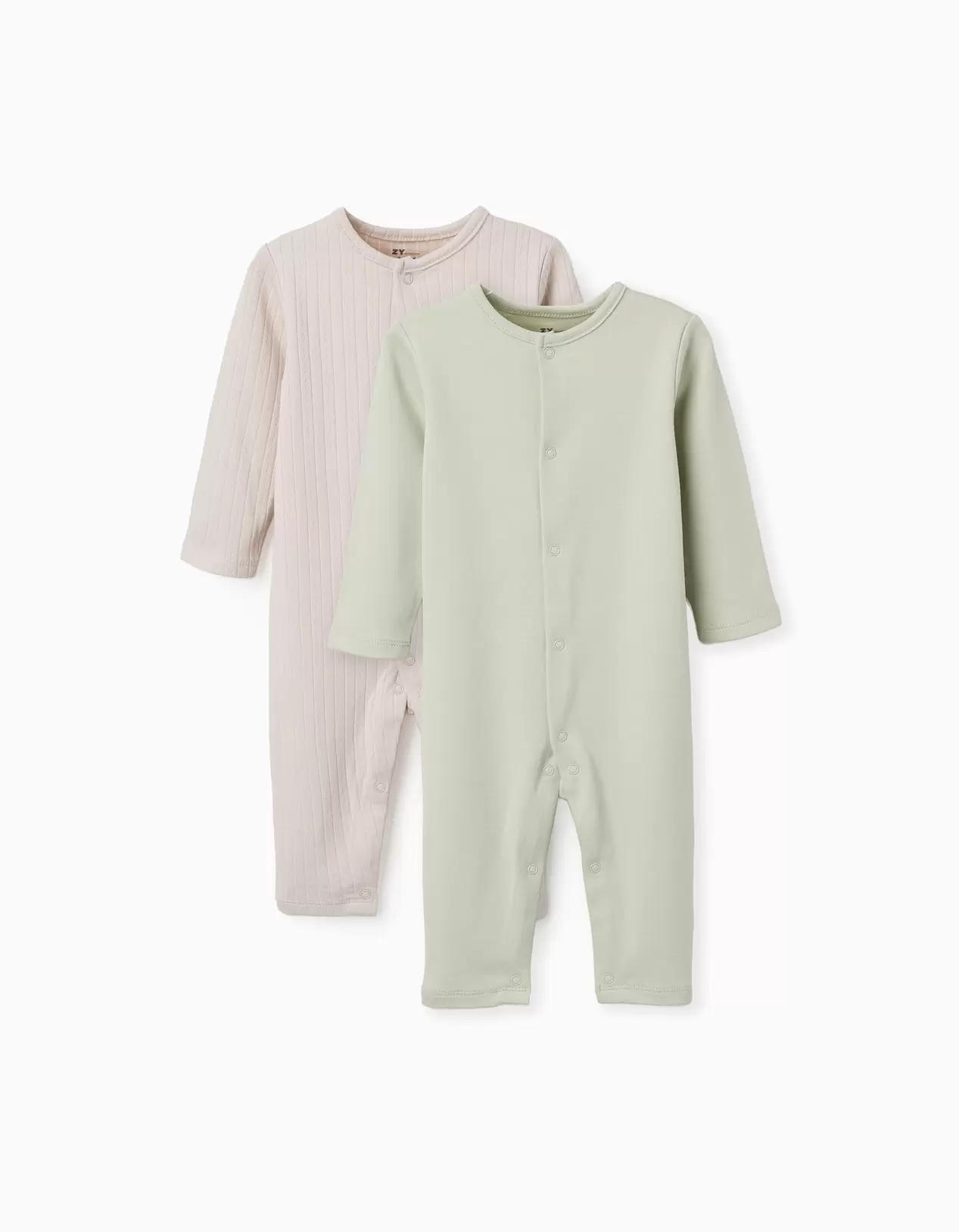 2 cotton ribbed/plain babygrows for newborns and babies, beige/green