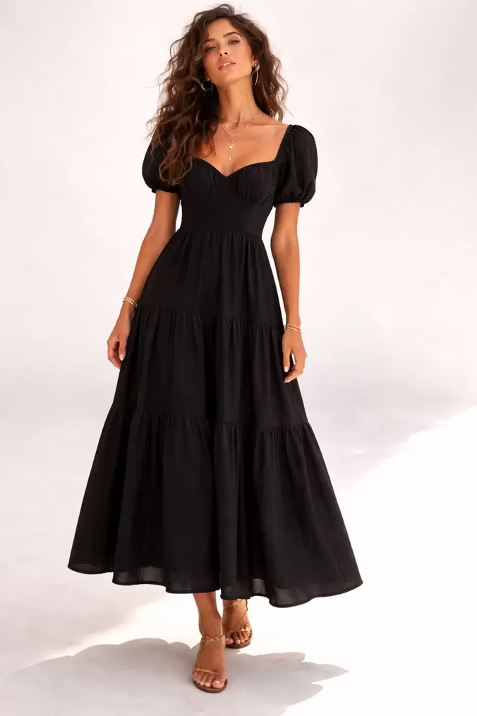 Tiered Puff-Sleeve Maxi Dress