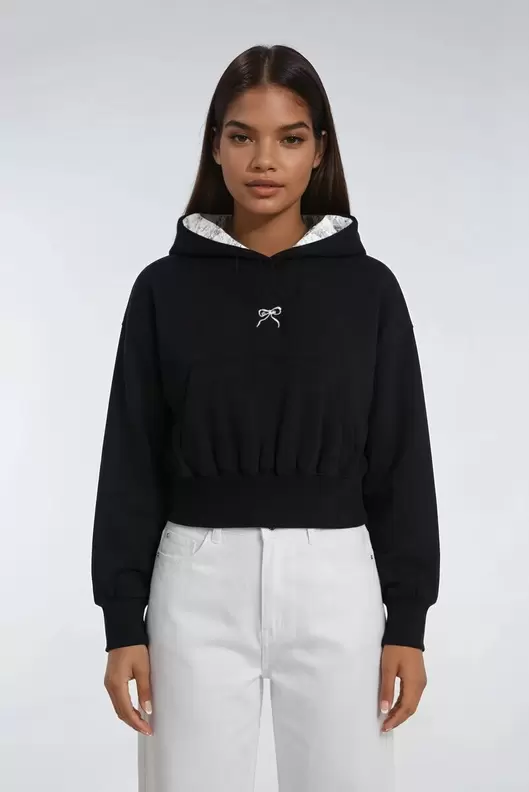 Cropped Lace-Lined Hood & Embroidered-Bow Hoodie