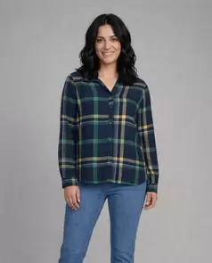 Blusa De Cuadros Con Cuello Mao Azul Marino