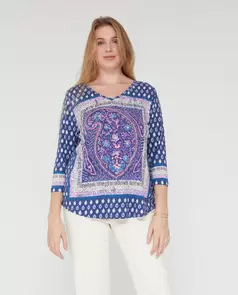 Camiseta Boho Estampada Manga Tres Cuartos Azul Medio