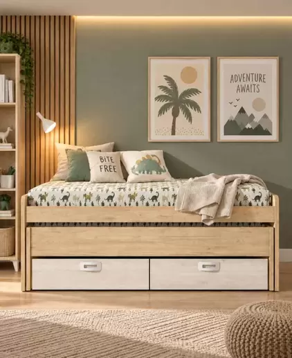 Compacto CURVO con cama desplazable oculta y 2 cajones con ruedas