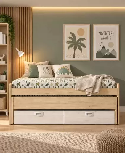 Compacto CURVO con cama desplazable oculta y 2 cajones con ruedas
