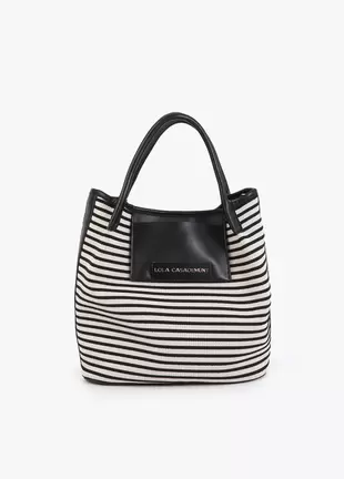 Striped Fabric Shopper with Leather Effect