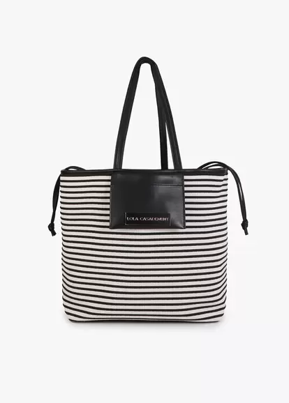 Striped Woven Shopper with Faux Leather Effect.