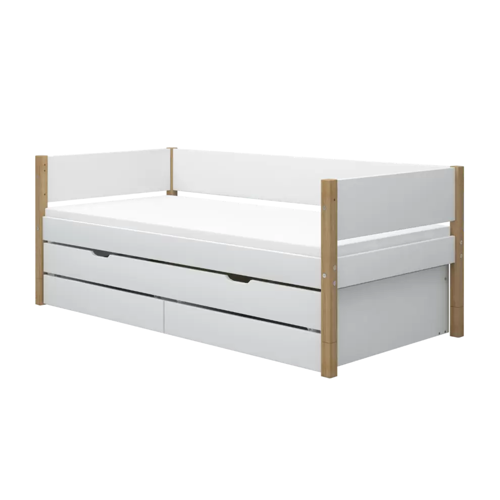 Cama individual con almacenaje y cama nido, 90x200 cm, Blanco/Roble