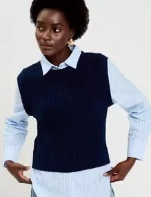 Pull chemise 2-en-1 bleu marine femme