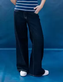 Jeans wide leg taille haute denim blue black femme